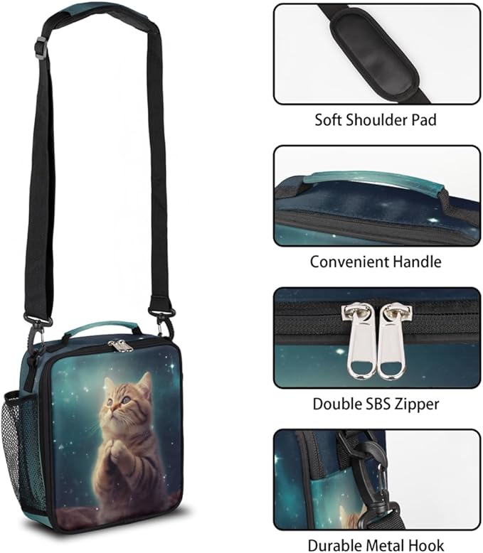Cat Lunch Box for Kids, Cute Kitten Space Universe Lunch Bag for Boys Girls, Reusable Insulated Waterproof Lunch Box with Adjustable Shoulder Strap Thermal Cooler Tote Bag for School Daycare Picnic