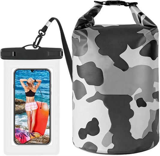 Waterproof Dry Bag 2L/5L/10L/20L/30L, Dry Sack for Kayaking Rafting Boating Beach Surfing Swimming, Camping, Hiking, Beach, Fishing Gray Backpack with Waterproof Phone Case