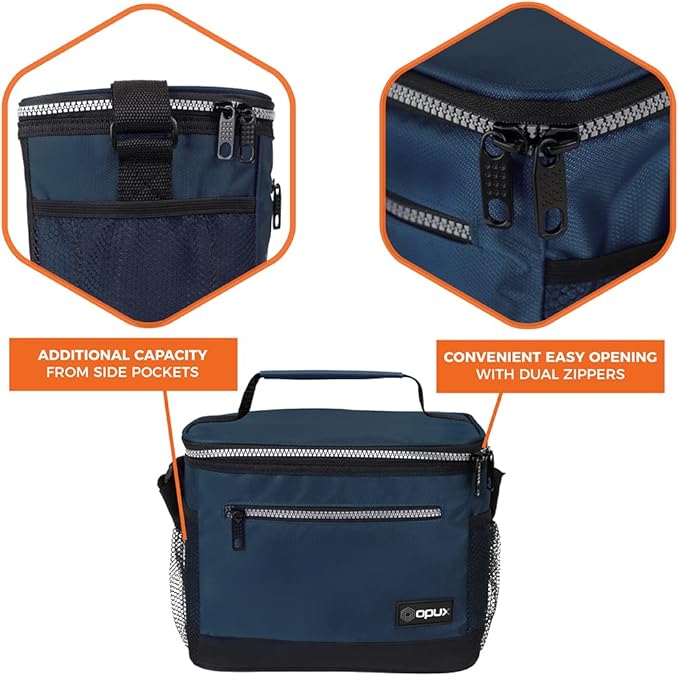 opux Insulated Lunch Box Men Women, Lunch Bag for Work School, Leakproof Soft Cooler Tote Adult, Large Lunch Pail Kids Boys Girls, Picnic Beach Food Bag with Shoulder Strap, Navy