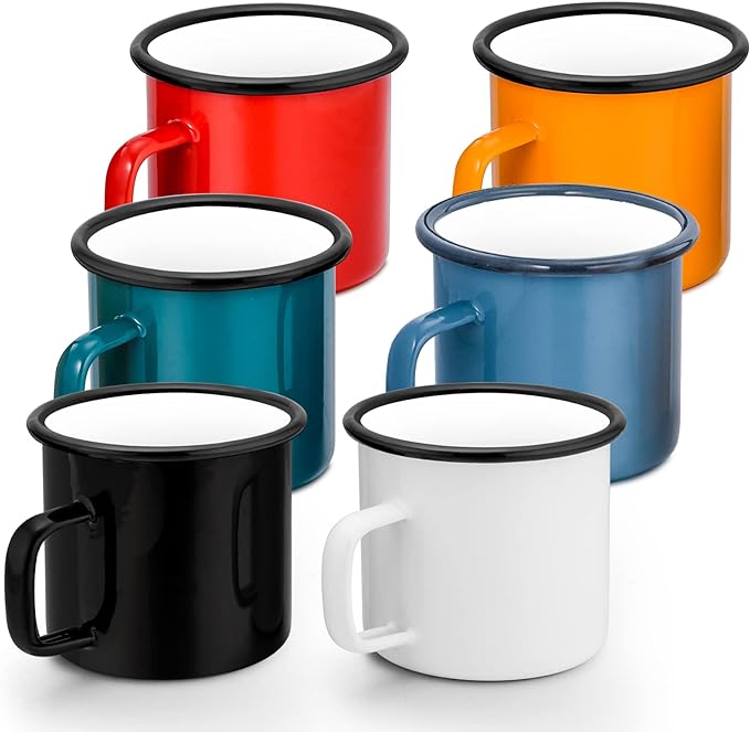 HaSteeL 12oz Enamel Campfire Mugs, Small Vintage Camping Mug Cup Set of 6 for Coffee Tea Milk, Portable and Durable for Home, Picnic, Travel, Hiking, Fishing Indoor Outdoor, Non Toxic & Easy to Clean