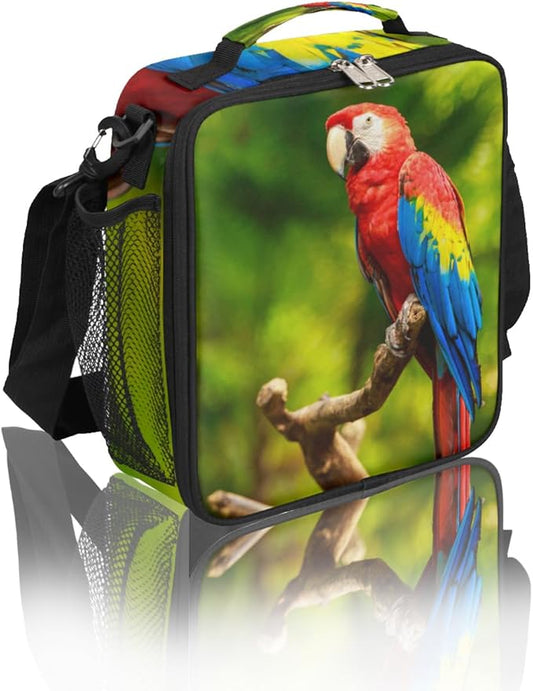 Parrot Lunch Bag, Tropical Bird Parrot Kids Lunch Box Reusable Insulated Lunch Bag for Boys Girls Back to School Thermal Cooler Lunch Tote Leakproof Lunch Box with Shoulder Strap for School Daycare