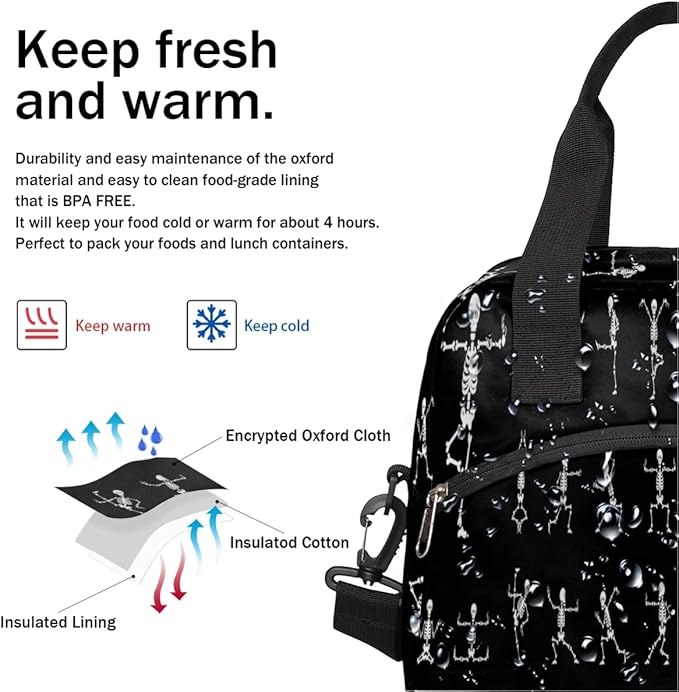 Black and White Skull Insulated Lunch Bags for Women Men Adult Skeleton Goth Reusable Lunch Tote Therma Cooler Bag with Shoulder Strap Lunch Box for School Work Office Picnic Meal Prep Bag