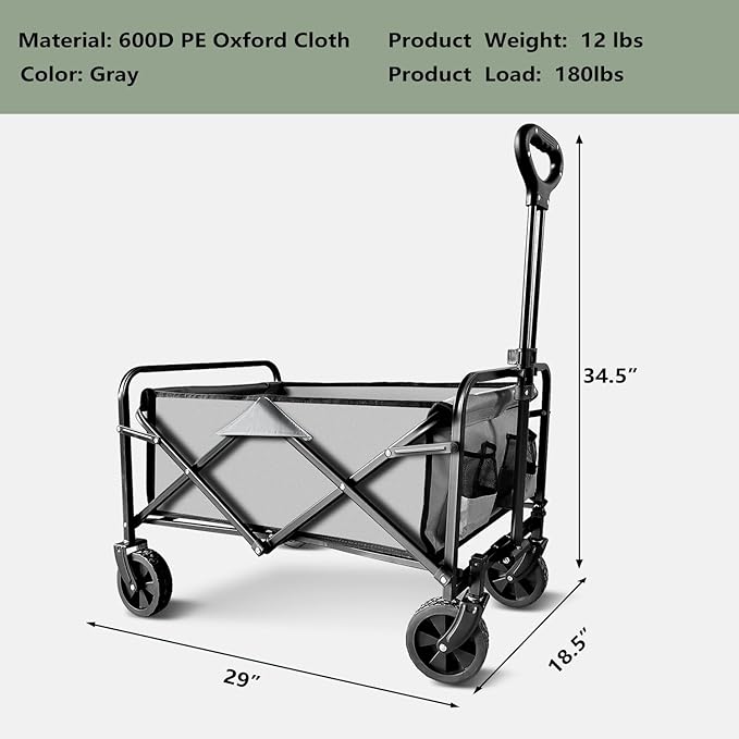 Collapsible Wagon Cart Heavy Duty Foldable, Large Capacity Foldable Grocery Beach Wagon for Camping Sports Shopping, Gray