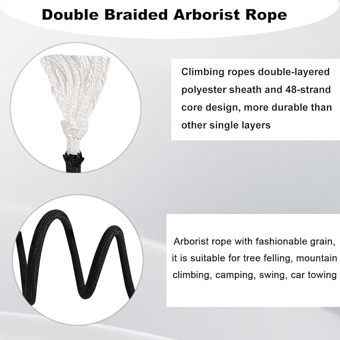 Double Braided Arborist Rope - 1/2 Inch x 200 Feet Polyester High Strength Climbing Rope for Tree Work, Swing, Halyard, Sailing(Black)