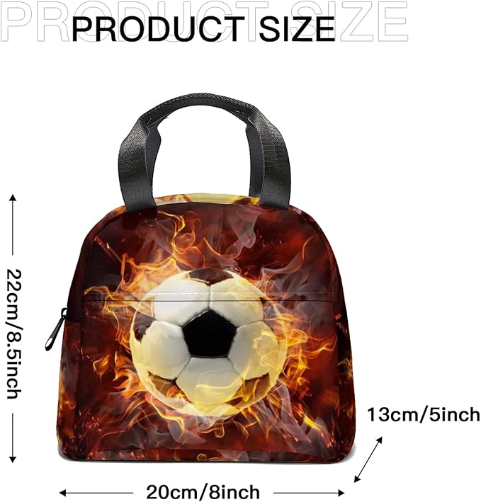 Giwawa Soccer Lunch Bag for Kids, Fire Sport Ball Insulated Reusable Lunch Box, 3D Football Print Thermal Cooler Lunch Tote Bag for Boys Girls School Men Women Office Picnic