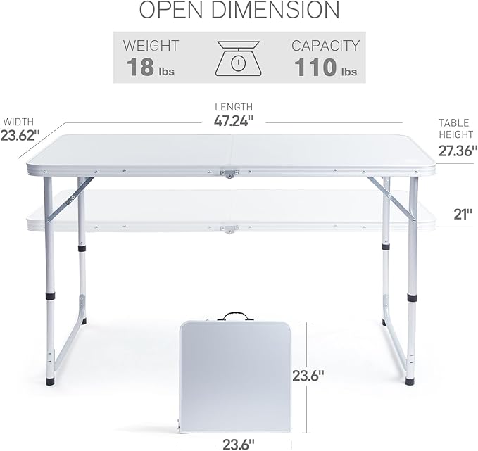 EVER ADVANCED Folding Camping Table with Storage, 4 ft * 2 ft Aluminum Composite Desktop & Adjustable Legs, Outdoor Kitchen Table for Tailgating, Backyard, BBQ and Picnic