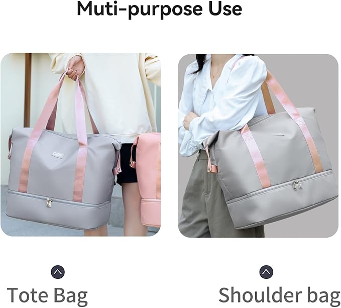 Large Travel Duffel Bag with Shoe Compartment, Gym Tote Carry on Bags for women, Lightweight Duffel Bags with Trolley Sleeve fit for Travel and Sport(Grey)