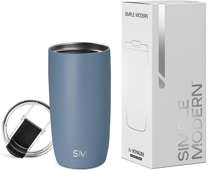 Simple Modern Travel Coffee Mug Tumbler with Flip Lid | Reusable Insulated Stainless Steel Cold Brew Iced Coffee Cup Thermos | Gifts for Women Men Him Her | Voyager Collection | 16oz | Blue Dune