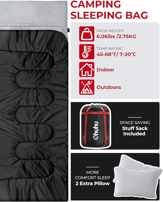 Ohuhu Double Sleeping Bag for Adults with 2 Pillows, Queen Size Two Person Sleeping Bag for Camping Hiking Backpacking 2 Person Sleeping Bags for Cold Weather & Warm
