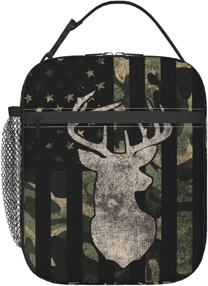 Camouflage Hunting Tactical Deer Camo American Flag Lunch Box Insulated Lunch Bag for Kids Boys Girls, Portable Kids Lunch Box Reusable Cooler Totes for School Work Picnic