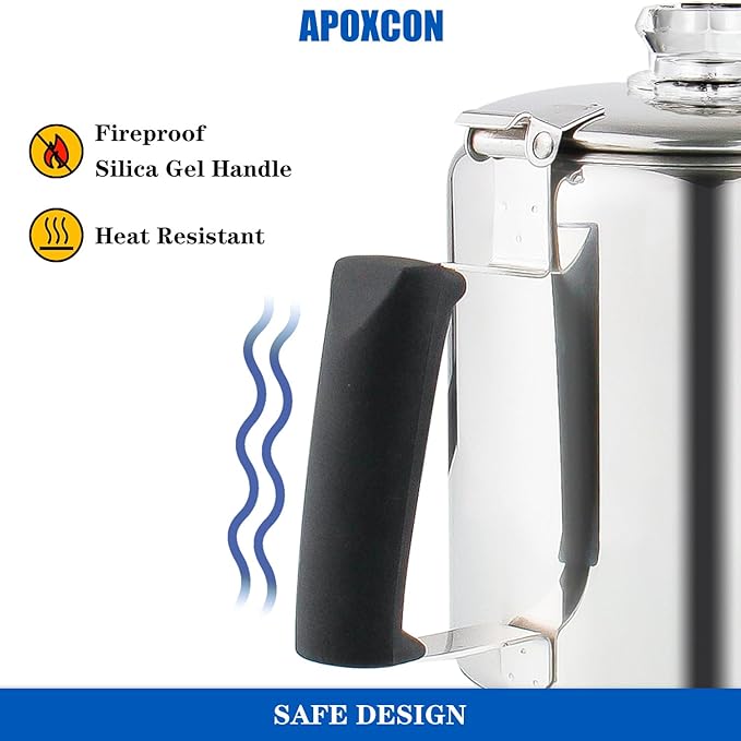 Multi Use Percolator Coffee Pot Stainless Steel Stove Top Coffee Maker with Two Tough Borosilicate Glass Knob Silica Handle Camping Coffee Pot Using on Campfire Stove & Induction Cooker Silver 6 Cup