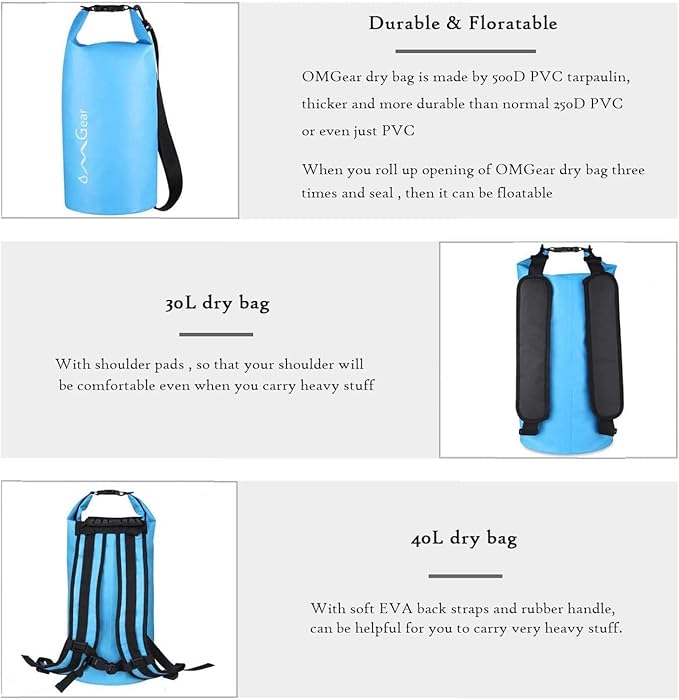 OMGear Waterproof Dry Bag Backpack Phone Pouch 40L/30L/20L/10L/5L Floating Dry Sack for Kayaking Boating Outdoors Activities