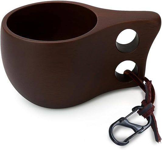 Handcrafted Dark Brown Kuksa Wooden Cup - Sturdy Nordic Mug w/Leather Lanyard, Carabiner for Easy Carry - Light-Weight & Easy Grip Kuksa Wooden Cups for Drinking Coffee, Tea - Unique Coffee Gifts