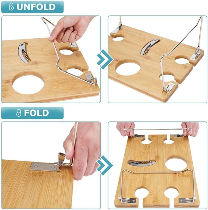 INNO STAGE Portable Picnic Table with Wine Glass and Bottle Holder, Folding Bamboo Snacks Tray Outdoor Living Camping Beach Party Accessories for 1-4 Persons