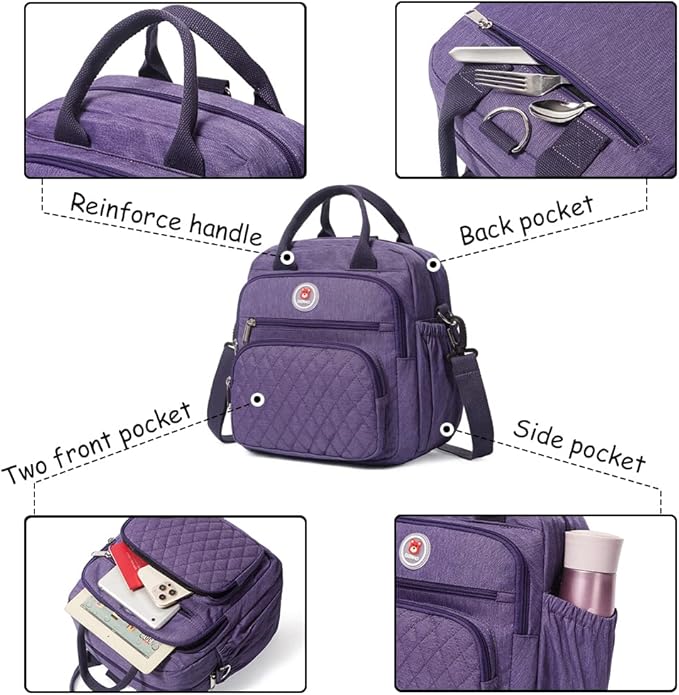 Insulated Lunch Bag Rucksack for Women/Men, 3 carrying way Lunch Tote, Large Waterproof Cooler Box with Side pockets for Adults, Work, Beach, Picnic, Purple