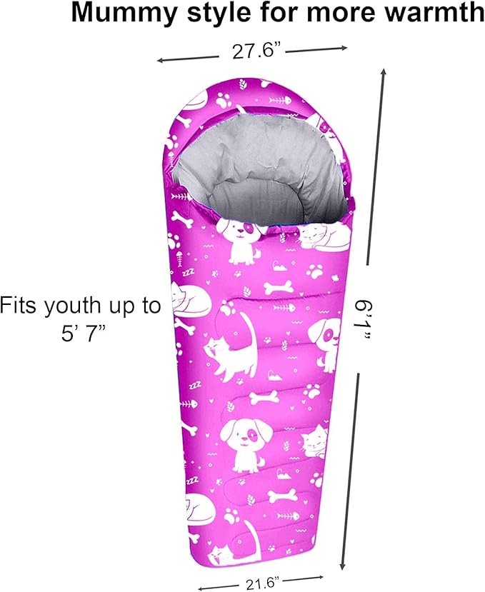KidzAdventure Mummy Style 32 – 59F Kids Sleeping Bag with Pillow Sleeve, 4 Season, Lightweight and Backpacking Style, Ideal for Camping, Sleepover, Boys, Girls, Youth and Toddlers