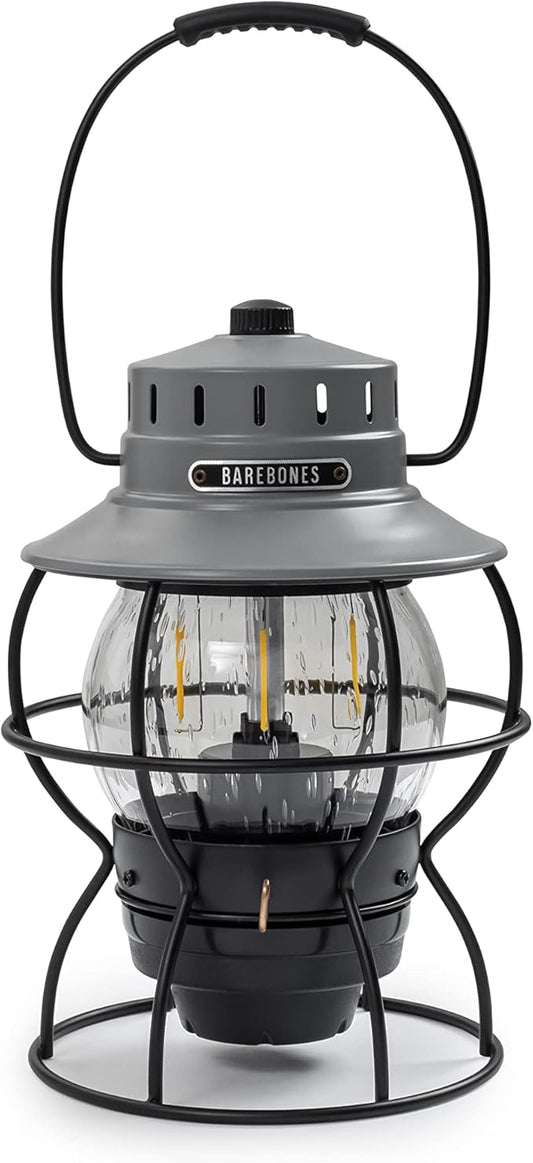 Barebones Railroad Lantern – State Gray, Vintage-Inspired LED Camping Lantern with Rechargeable Battery – Adjustable Brightness Outdoor Light for Camping Gear, Backyard, and Home Decor
