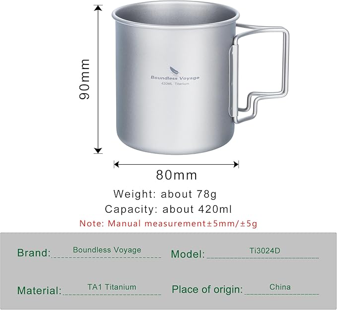 iBasingo 420ml Titanium Mug without Lid Tea Coffee Water Cup Outdoor Camping Pot Ultra-light Portable Hiking Backpacking Cooking Kit Picnic Tableware Drinkware with Foldable Handle Ti3024D