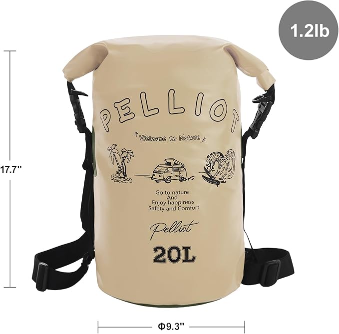 20L Waterproof Dry Bag Tough & Water-repellent Storage Bag with Adjustable Shoulder Straps Lightweight Portable Backpack Dry Bags for Kayaking Boating Camping Khaki