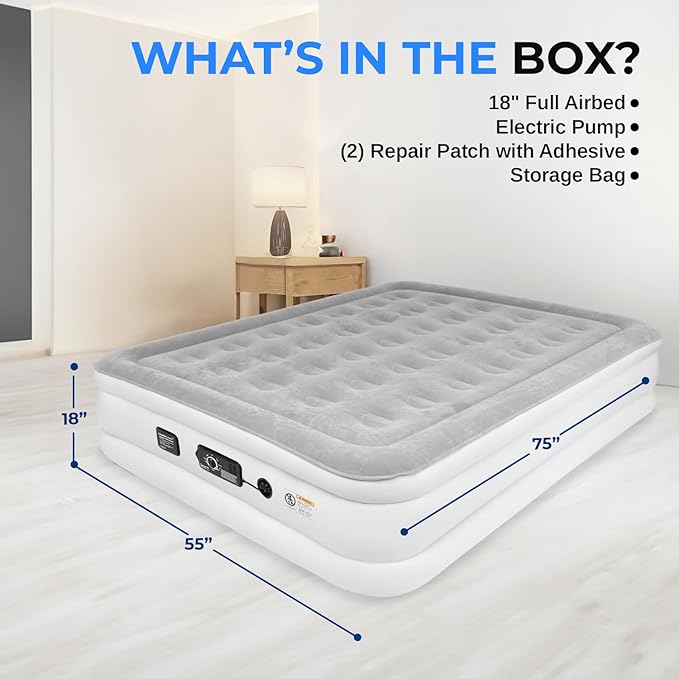 SereneLife Air Mattress with Built-In High Speed Pump – Self Inflatable Blow Up Full Size Airbed for Camping, Guests, Home & Travel – 18" Premium Raised Design, 700 lbs Capacity, Strong Spine Support