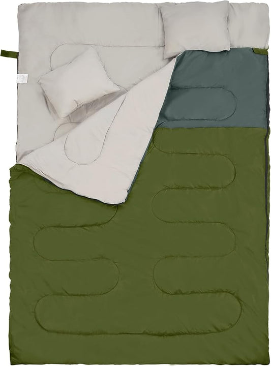 Double Sleeping Bag with 2 Pillows for Adults, Queen Size XL Sleeping Bag Waterproof, Compact with Compression Sack, 2 Person Sleeping Bags for 3-4 Seasons Camping, Backpacking, Hiking, Travel