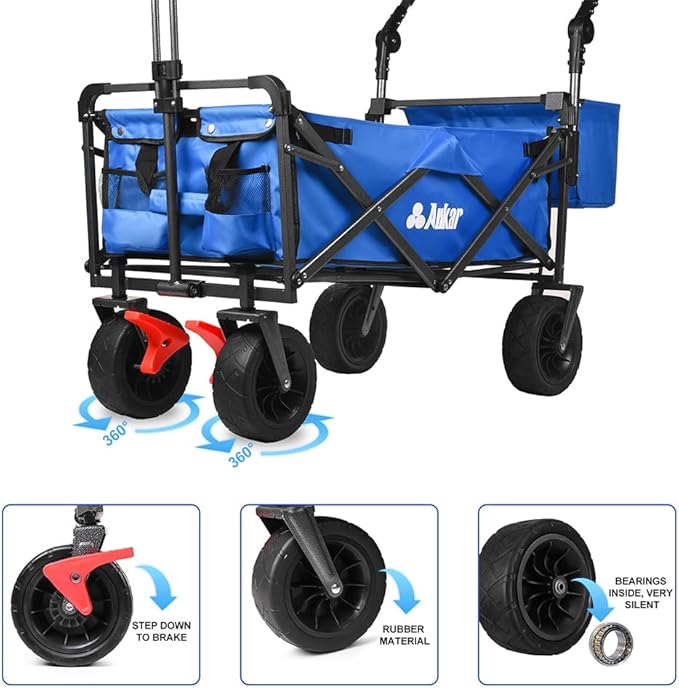 Collapsible Canopy Wagon - Heavy Duty Utility Outdoor Garden Cart - with Adjustable Handles, for Shopping, Picnic, Camping, Sports - Blue
