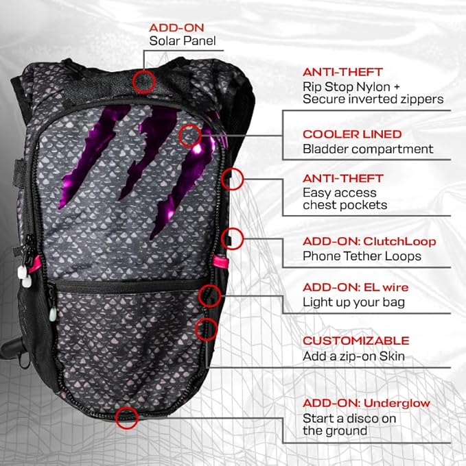 RAVERUNNER® Dino Festival Water Backpack - Dual Chamber Hydration - 3L Insulated Water Backpack for Raves, Festivals, Hiking, Running - Festival Hydration Pack for Hydration Backpack Rave