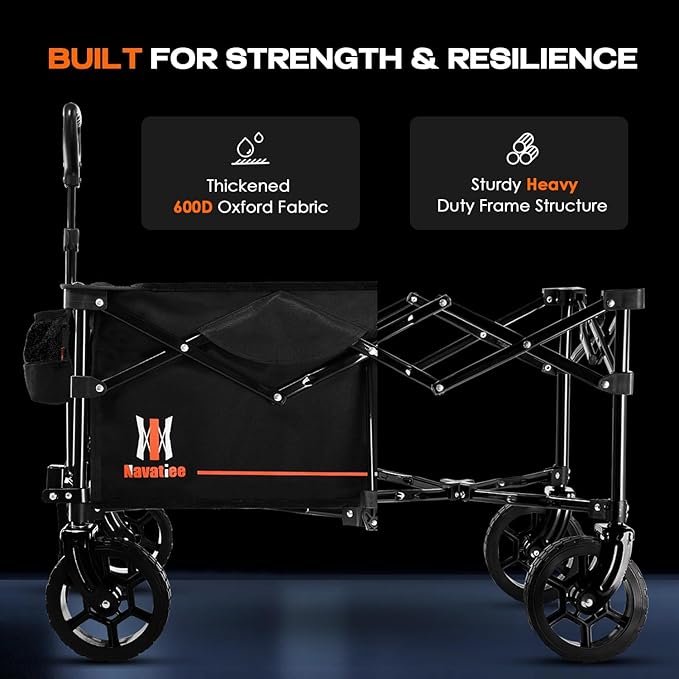 Navatiee 140L Collapsible Folding Wagon, Large Capacity Foldable Wagon with Silent All-Terrain Wheels, Utility Grocery Cart for Camping Shopping Outdoor, Black