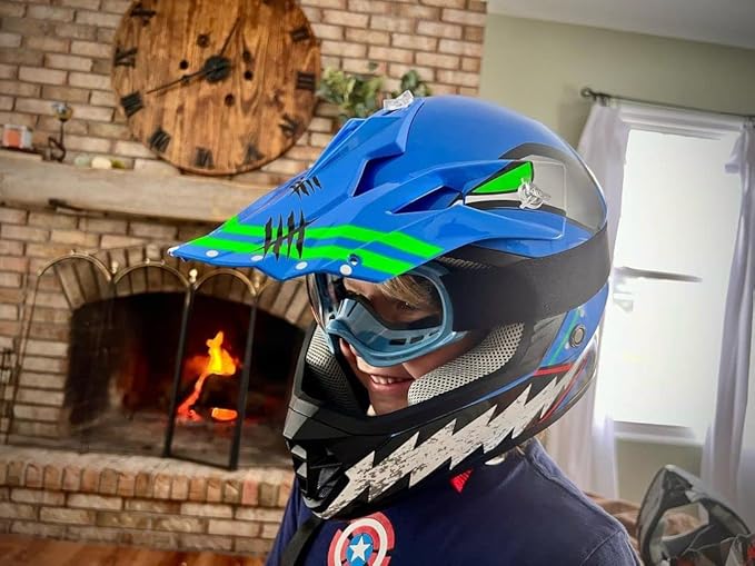 TCT-MOTORPARTS DOT Youth Kids Motocross ATV Helmets Offroad Street Dirt Bike Go-Kart BMX MX Full Face Helmet Blue w/Shark Mouth Large Size