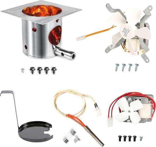 SUS304 Fire Burn Pot and Hot Rod Ignitor Kit, Induction Fan, 2.0 RPM Auger Motor for Traeger and Pit Boss Pellet Grill Burner, Grill Replacement Parts Kit with Ash Remover, Screws and Fuse