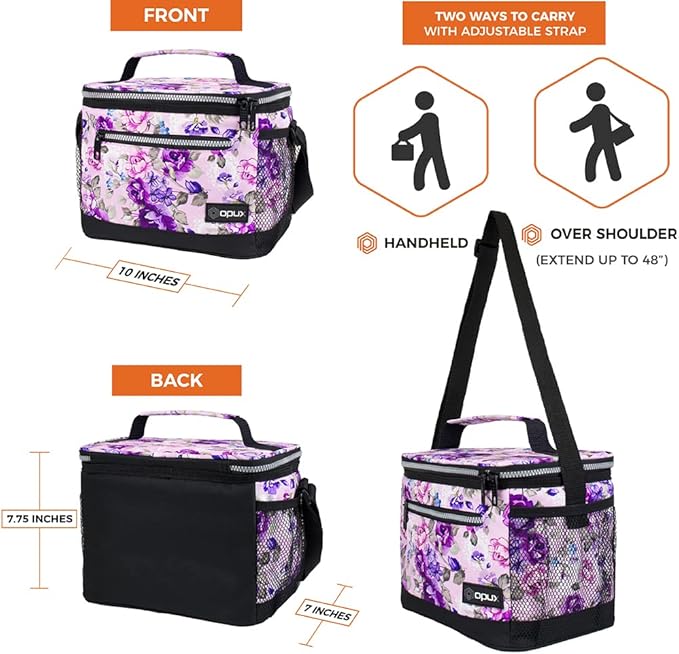 opux Insulated Lunch Box Men Women, Lunch Bag for Work School, Leakproof Soft Cooler Tote Adult, Large Lunch Pail Kids Boys Girls, Picnic Beach Food Bag with Shoulder Strap, Purple Floral