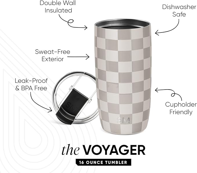 Simple Modern Travel Coffee Mug Tumbler with Flip Lid | Reusable Insulated Stainless Steel Cold Brew Iced Coffee Cup Thermos | Gifts for Women Men Him Her | Voyager Collection | 16oz | Checkmate