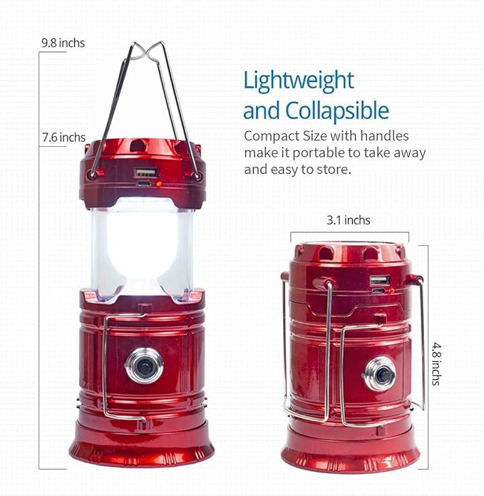 Solar Camping Lantern Rechargeable USB,COB LED Lantern Flashlight 2 Power Supply Modes Survival Kit for Emergency, Hurricane(Red 2 Pack)