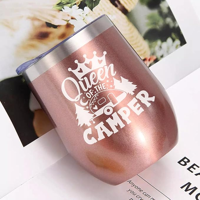 Queen of The Camper Wine Tumbler, Camping Coffee Mug Cup, Women Campers Stemless Tumblers with Lid Stainless Steel Insulated Vacuum 12 Oz, RV Gifts for Camping Lovers Outdoors Hiking