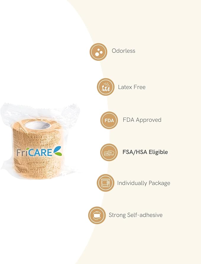 FriCARE Self Adhesive Bandage Wrap, Medical Tape in First Aid Kit, Cohesive Bandages for Wounds Sport Vet, FSA/HSA Eligible, 2 Inches X 5 Yards 6 Rolls, Tan