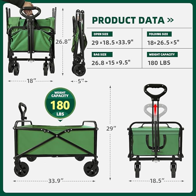 Collapsible Wagon Cart Heavy Duty Foldable, Large Capacity Foldable Grocery Beach Wagon for Camping Sports Shopping, Green