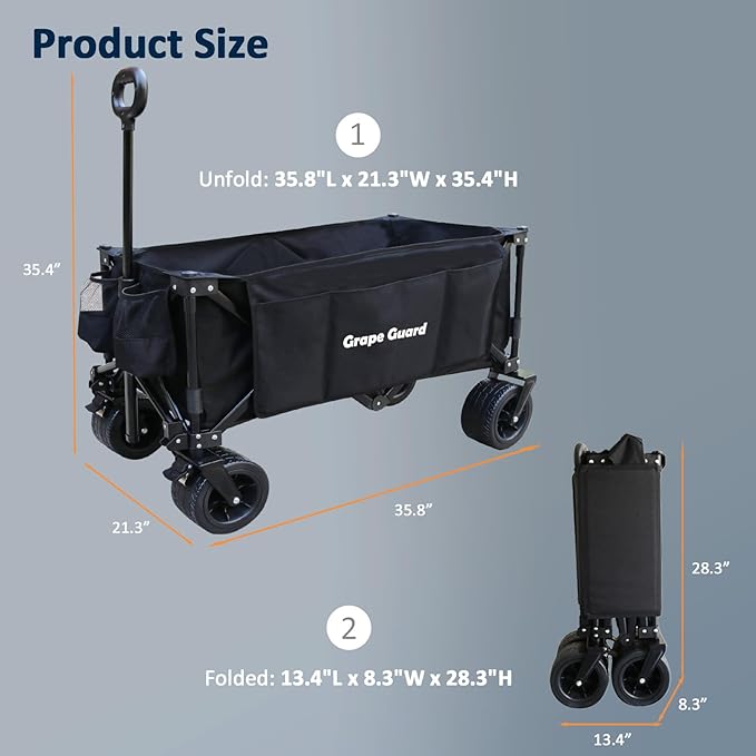 Collapsible Beach Wagon Garden Cart with All-Terrain Big Wheels, 220LBS Heavy Duty Foldable Utility Wagon with Adjustable Handle & Cup Holders, 200L Capacity for Outdoor Camping, Black