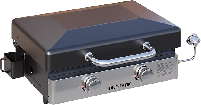 23 Inch Portable Propane Gas Grill with Lid & Stainless Steel Front Plate, Propane Table Top Griddle for Outdoor, Cooking, BBQ, Camping, 2 Burners