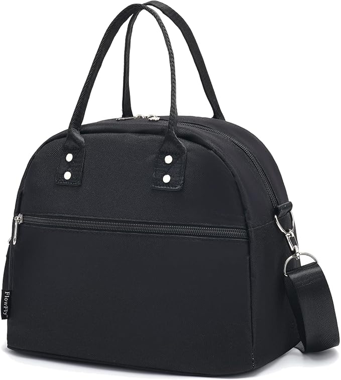 FlowFly Insulated Lunch Bag With Shoulder Strap for Women, Men, and Kids, Large and Reusable, Handle, Freezable Work and School Travel Tote and Meal Prep Organizer (Black)