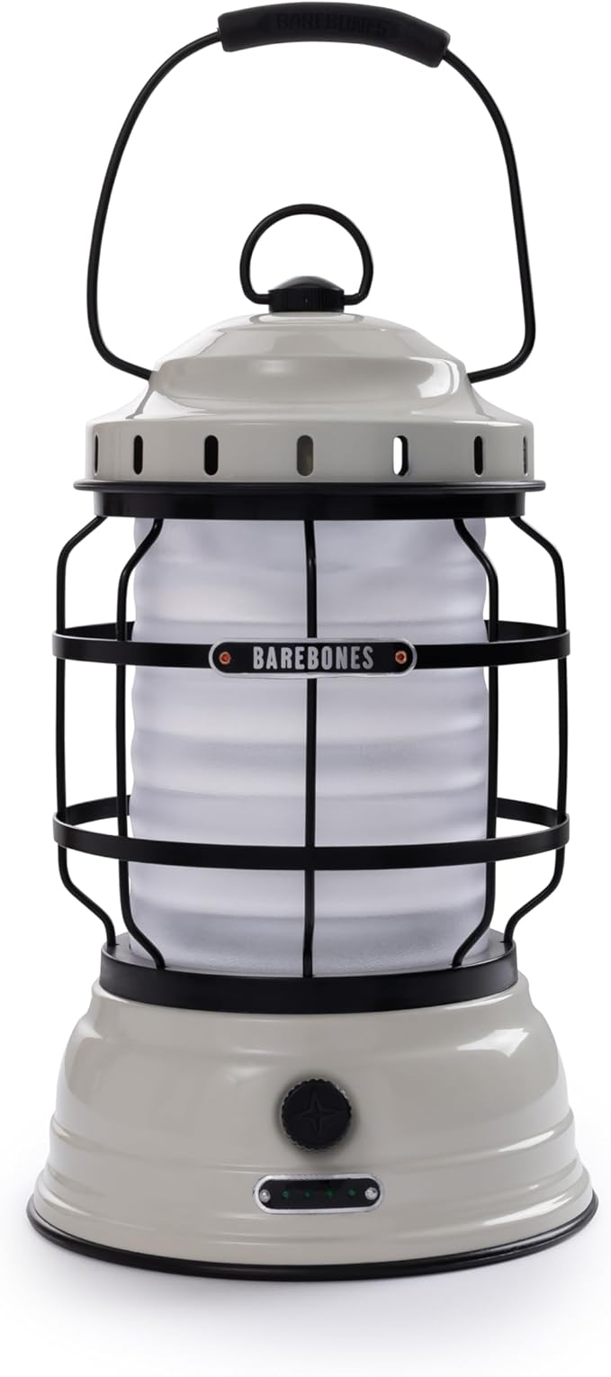 Barebones Forest Lantern – Vintage White, Vintage Rechargeable LED Lantern with Adjustable Brightness – Battery Operated Camping Light for Outdoor Adventures, Backyard Gatherings, and Emergency Use