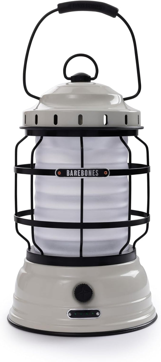 Barebones Forest Lantern – Vintage White, Vintage Rechargeable LED Lantern with Adjustable Brightness – Battery Operated Camping Light for Outdoor Adventures, Backyard Gatherings, and Emergency Use
