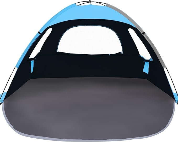 NXONE Beach Tent Sun Shade Shelter for 6 Person with UV Protection, Extended Floor, 3 Mesh Roll Up Windows & 8.5mm Fiberglass Rods丨Carry Bag Included (Dark Shelter-Ocean Blue)