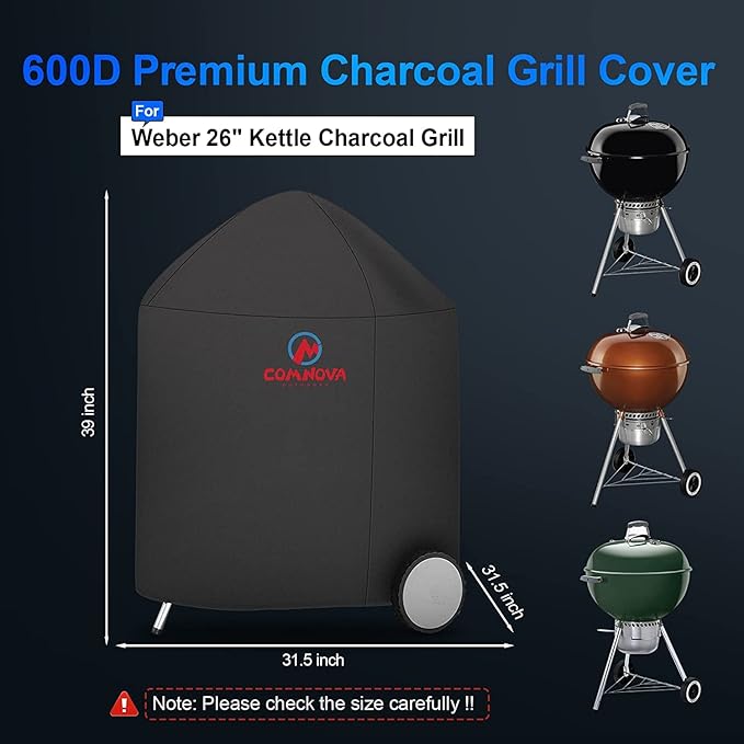 Comnova Charcoal Kettle Grill Cover - 7153 BBQ Cover for Weber 26 Inch Original Kettle Charcoal Grill, 600D Heavy Duty & Waterproof Cover for 26 Inch Weber, Cuisinart and Char-Griller Charcoal Grill
