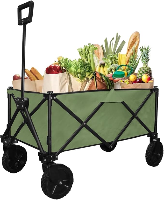 Folding Portable Large Sturdy Camping Wagon Carts, Utility Grocery Shopping Cart, Garden Farm Transport Cart, 360°Swivel Wheels & Brakers, Green
