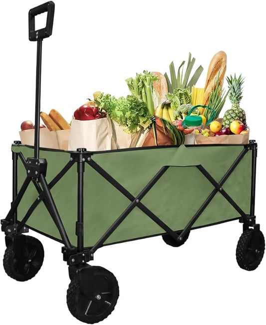 Folding Portable Large Sturdy Camping Wagon Carts, Utility Grocery Shopping Cart, Garden Farm Transport Cart, 360°Swivel Wheels & Brakers, Green