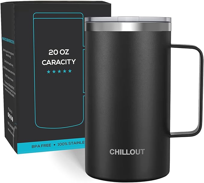 CHILLOUT LIFE Stainless Steel 20 oz Vacuum Insulated Coffee Mug with Handle and Lid, Large Thermal Camping Coffee Mug Cup with Durable Sliding Lid for Men & Women, Keeps your Beverages Hot/Cold