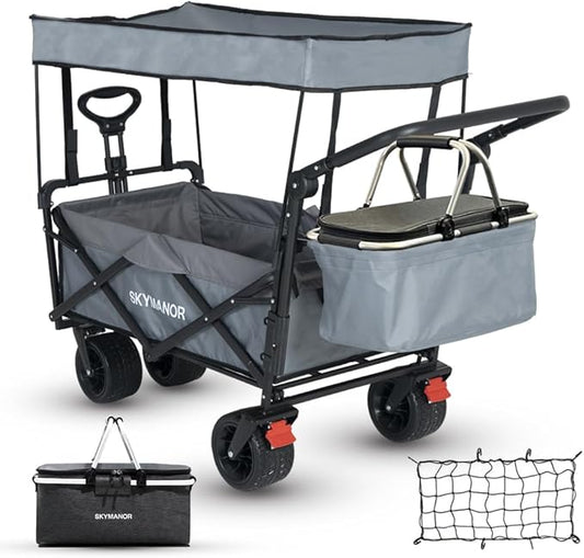 Collapsible Wagon with Removable Canopy, 3-in-1 Heavy Duty Garden Cart with Big All-Terrain Wheels, Brakes, Adjustable Push Pull Handle, Cooler Bag, 300LBS Wagon Cart for Camping (Grey)