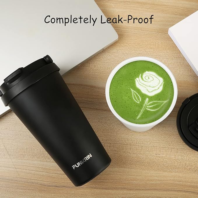 Funkrin Insulated Coffee Mug with Ceramic Coating, 16oz Iced Coffee Tumbler Cup with Flip Lid and Handle, Double Wall Vacuum Leak-Proof Travel Mug for Office School Party Camping