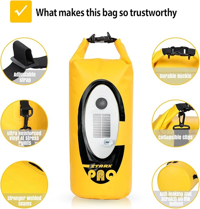 Dry Bag Waterproof with Solar Bluetooth Speaker & Light - 10L/20L Roll Top Dry Sack Keeps Gear Dry for Men Women Kayaking, Beach, Rafting, Boating, Hiking, Camping and Fishing