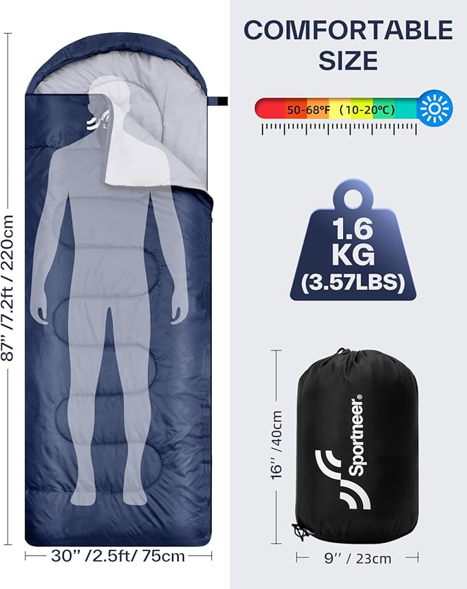 Sportneer Sleeping Bags for Adults, Warm & Cold Weather Sleeping Bag for Adults Kids Boys Girls - Lightweight Compact Camping Gear Equipment, Traveling, Backpacking, Hiking